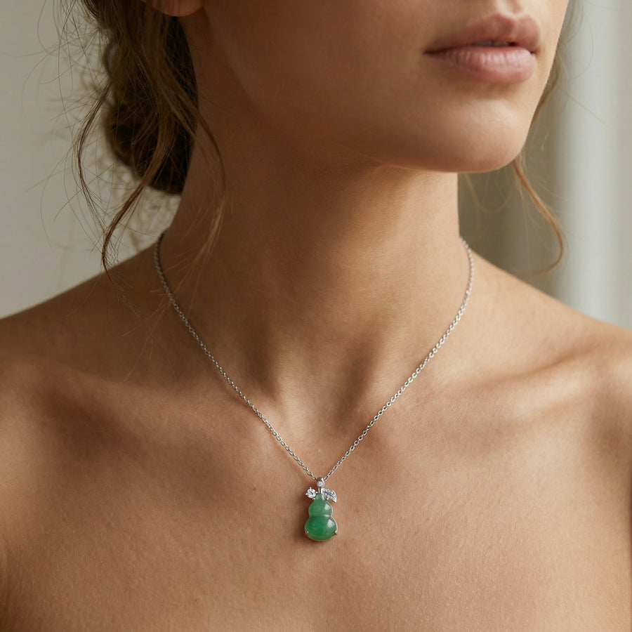 Jadeite Hulu Gourd Necklace, CZ Accents – jade necklace, close-up