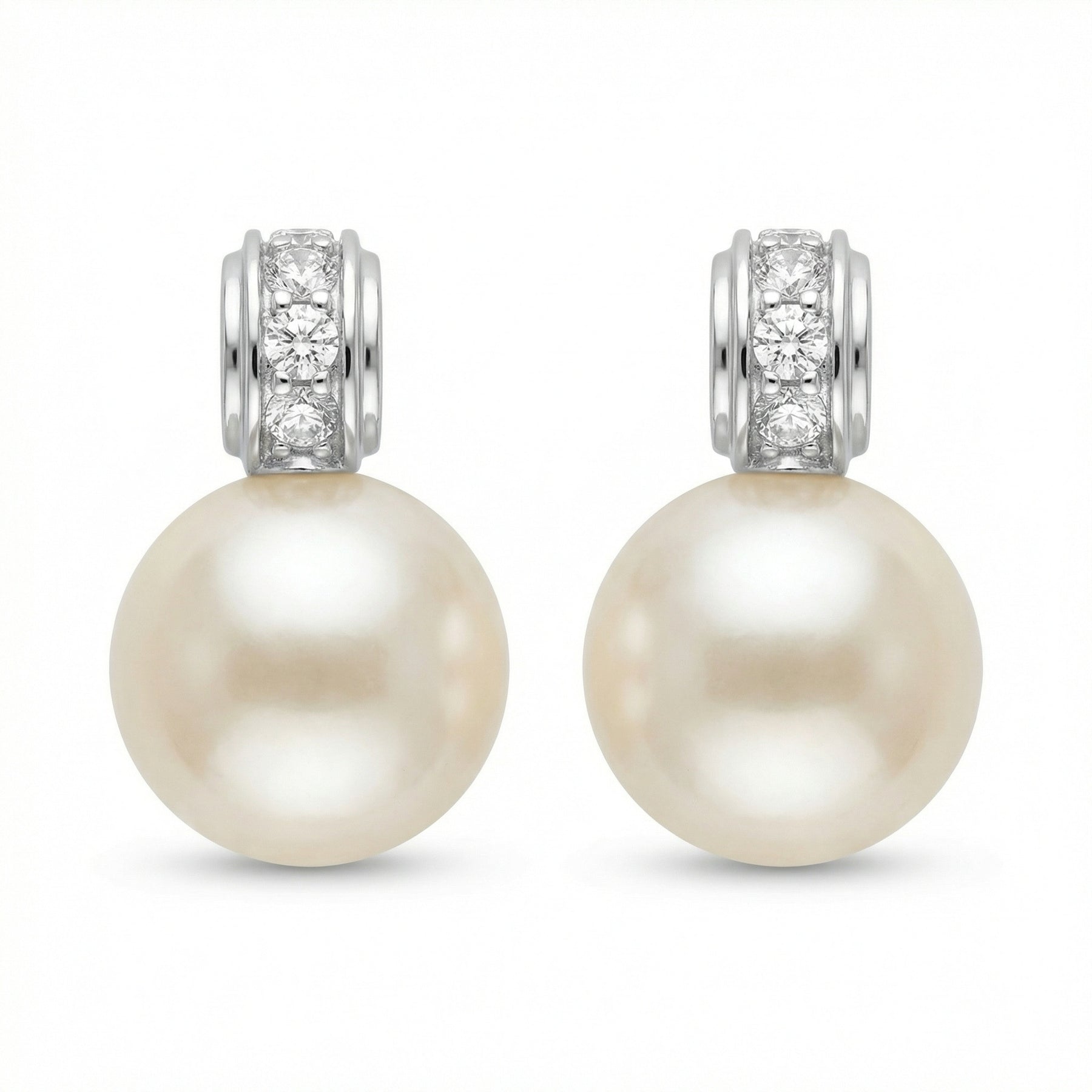 White Pearl Sparkling stone Accent Drops – pearl earrings, front view