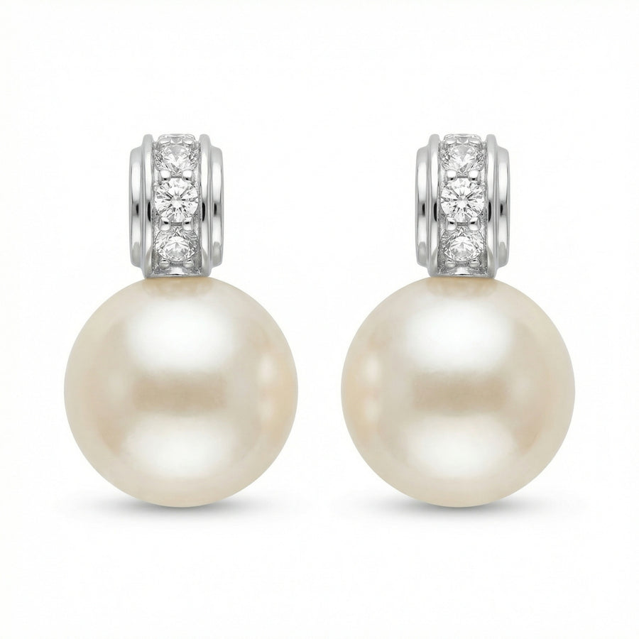 White Pearl Sparkling stone Accent Drops – pearl earrings, front view