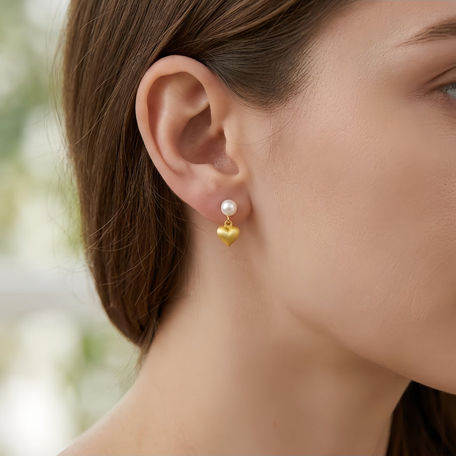 Heart and Pearl Drop Earrings – pearl earrings, front view