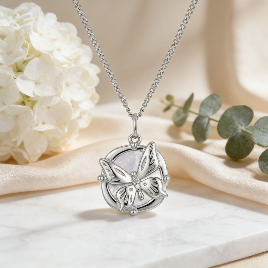 Butterfly Pendant in Circular Frame – sterling silver necklace, close-up