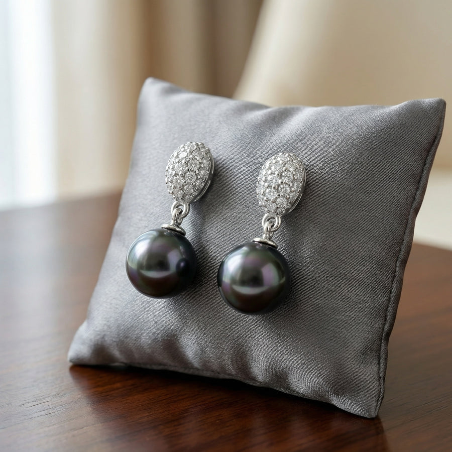 Tahitian Pearl Pavé Drop Earrings – pearl earrings, close-up