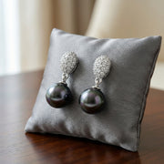 Tahitian Pearl Pavé Drop Earrings – pearl earrings, close-up
