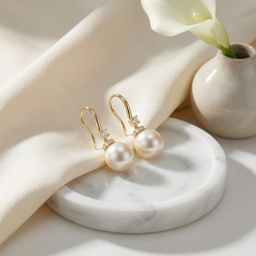 Pearl Drops with Polished Hooks – pearl earrings, front view