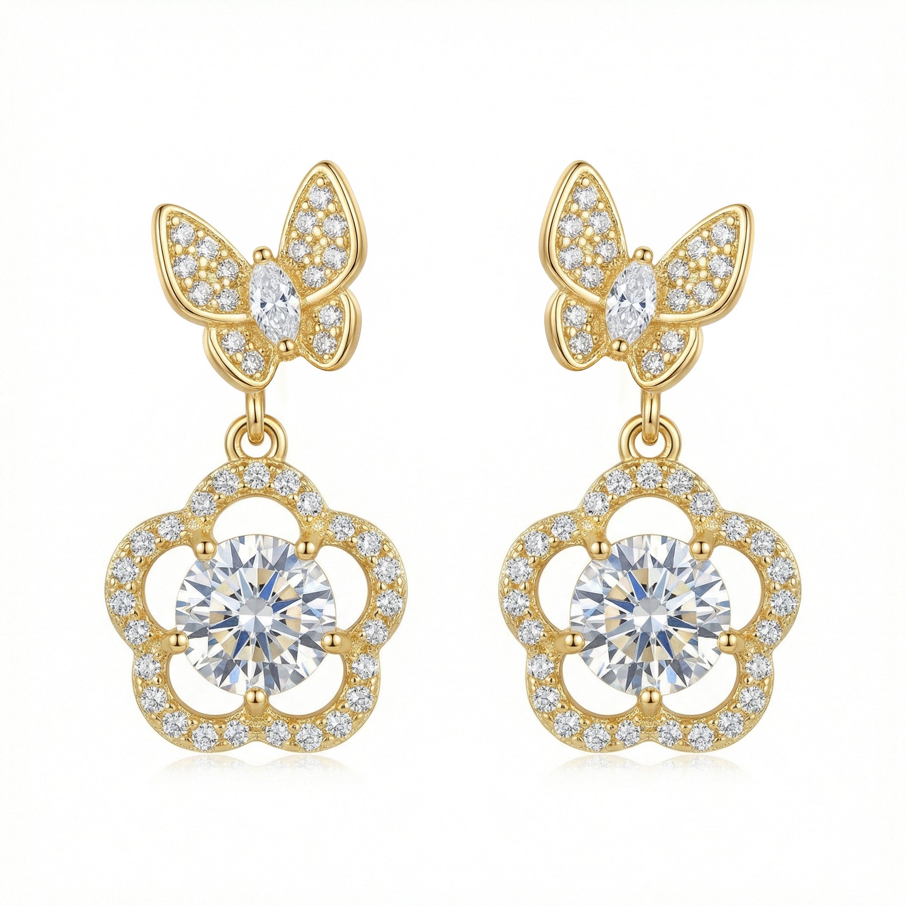 Butterfly and Floral Drop Earrings – sterling silver earrings, front view