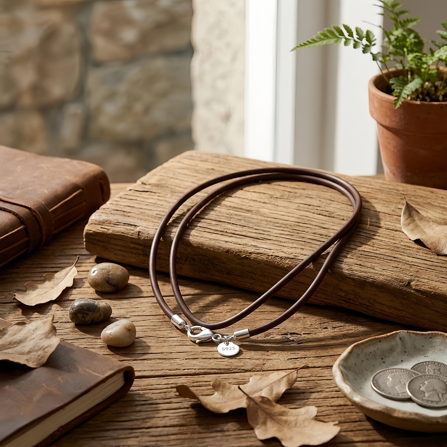 Brown Cord Necklace with Silver Charm – sterling silver necklace, close-up