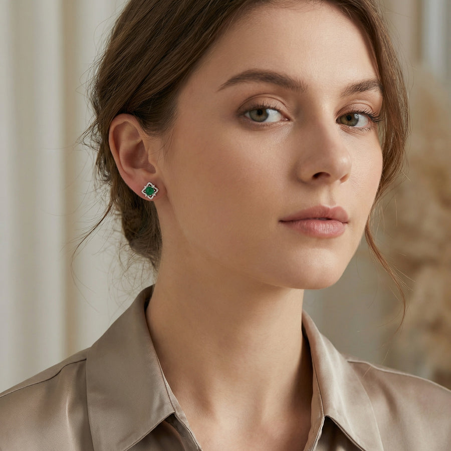 Green Cabochon Floral Halo Studs – sterling silver earrings
