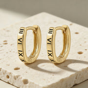 Roman Numeral Oval Huggie Hoops – sterling silver earrings