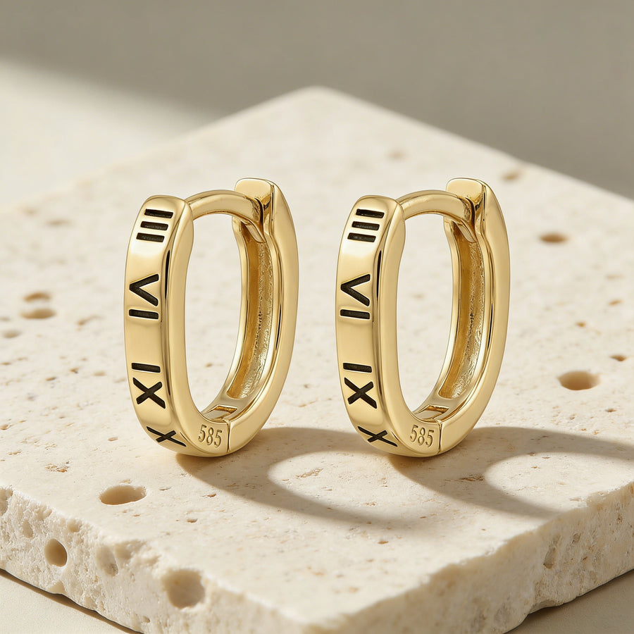 Roman Numeral Oval Huggie Hoops – sterling silver earrings