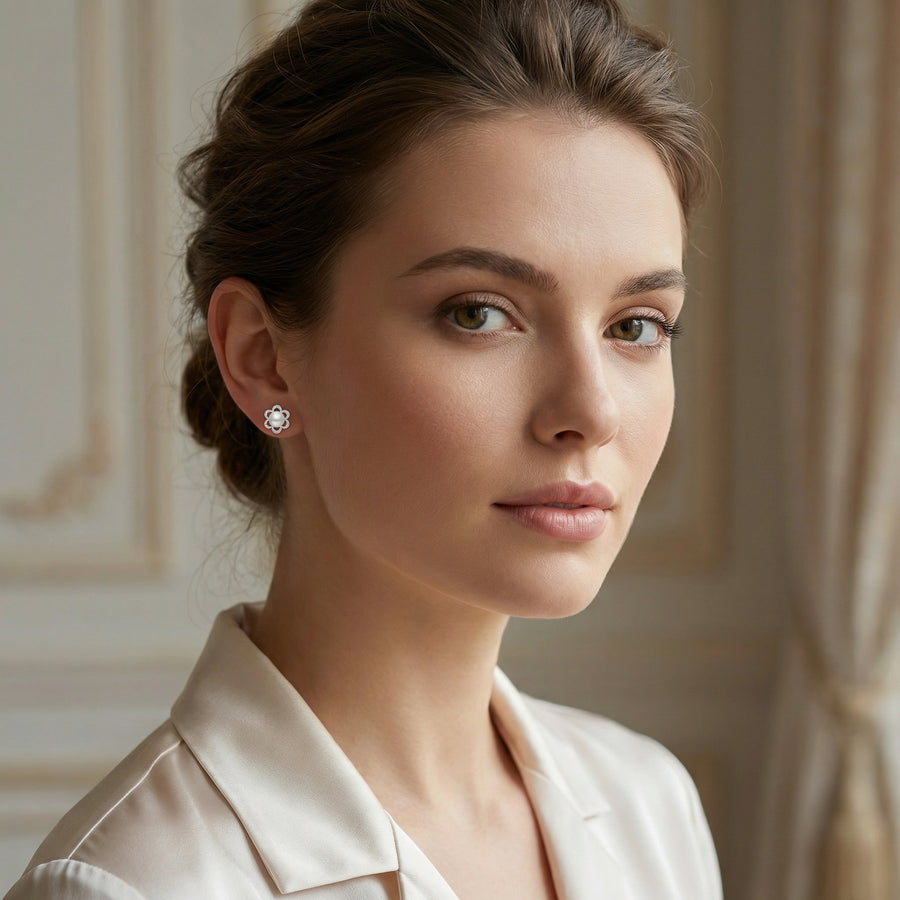 Silver Flower Pearl Stud Earrings – pearl earrings, styling detail