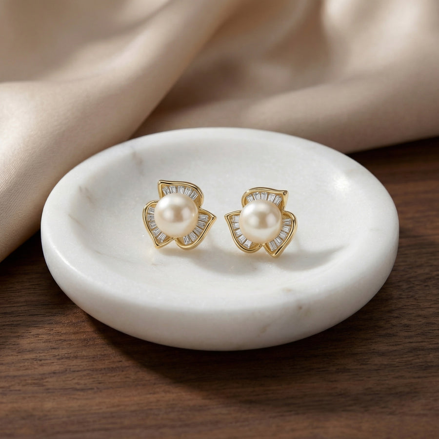 Pearl Baguette Petal Stud Earrings – pearl earrings, front view