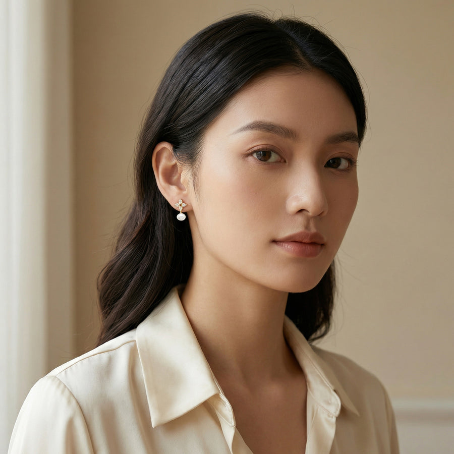 Marquise Floral Pearl Drop Earrings – pearl earrings, close-up