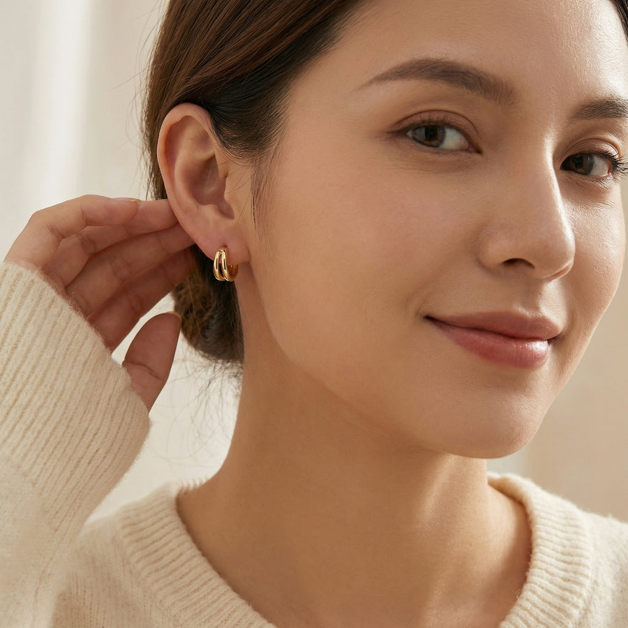 Double-Layer Polished Huggie Hoops – sterling silver earrings, side detail