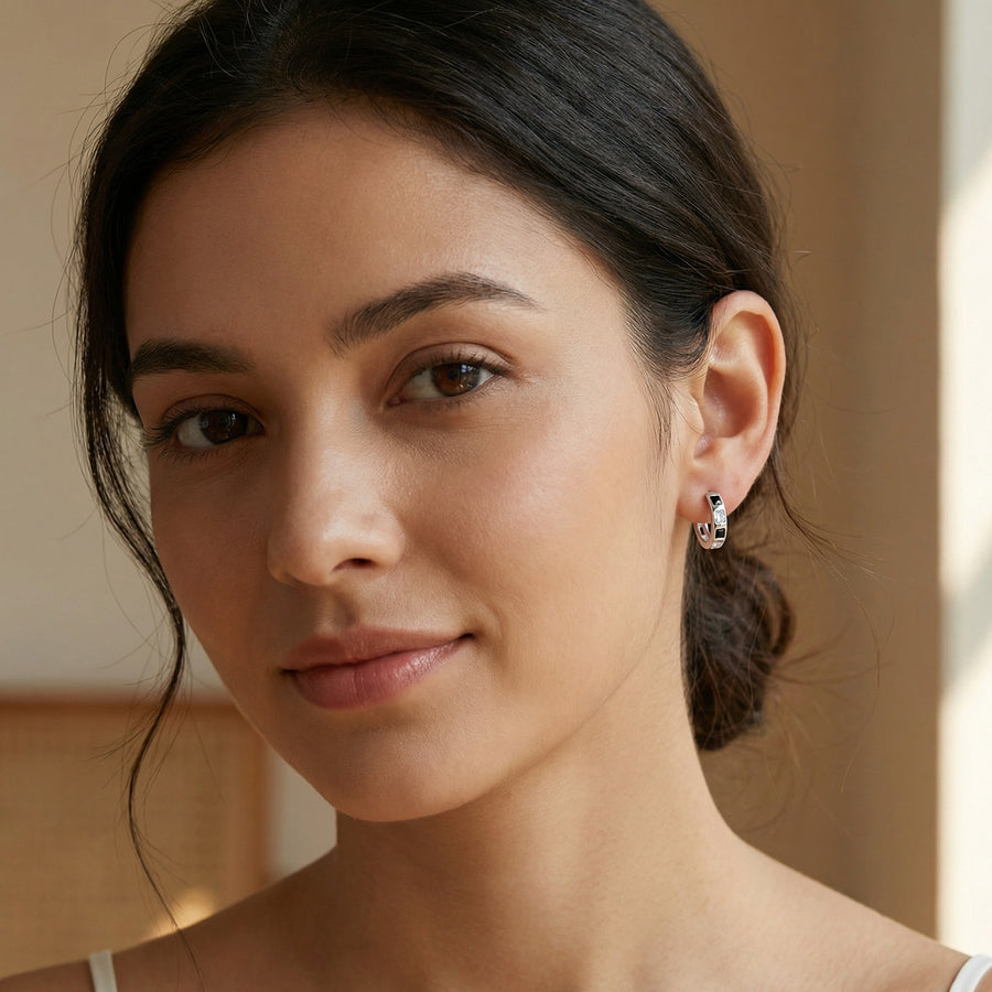 Black and Clear Square CZ Huggie Hoops – zircon earrings, side detail