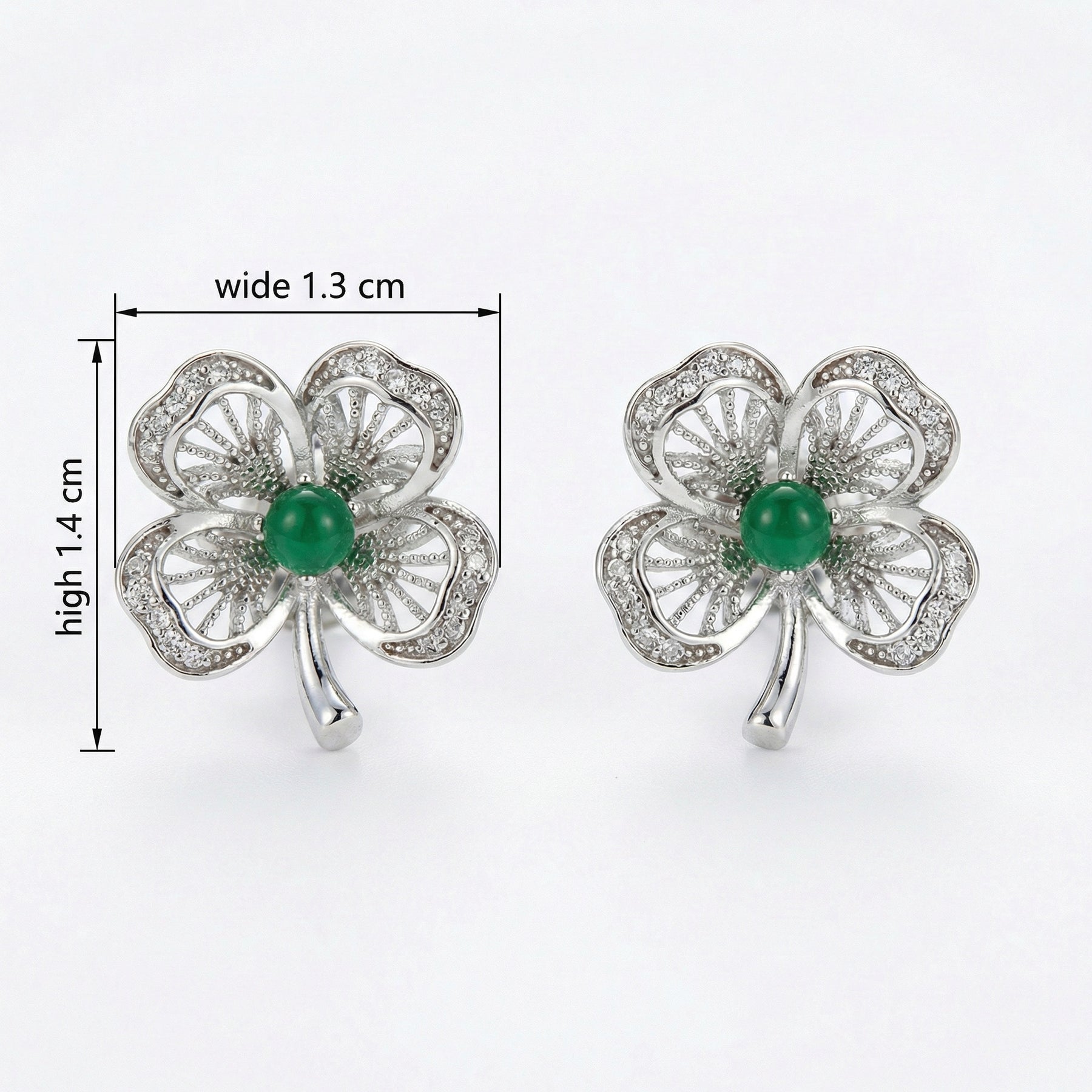 Four-Leaf Clover Green Gemstone Studs – sterling silver earrings, front view