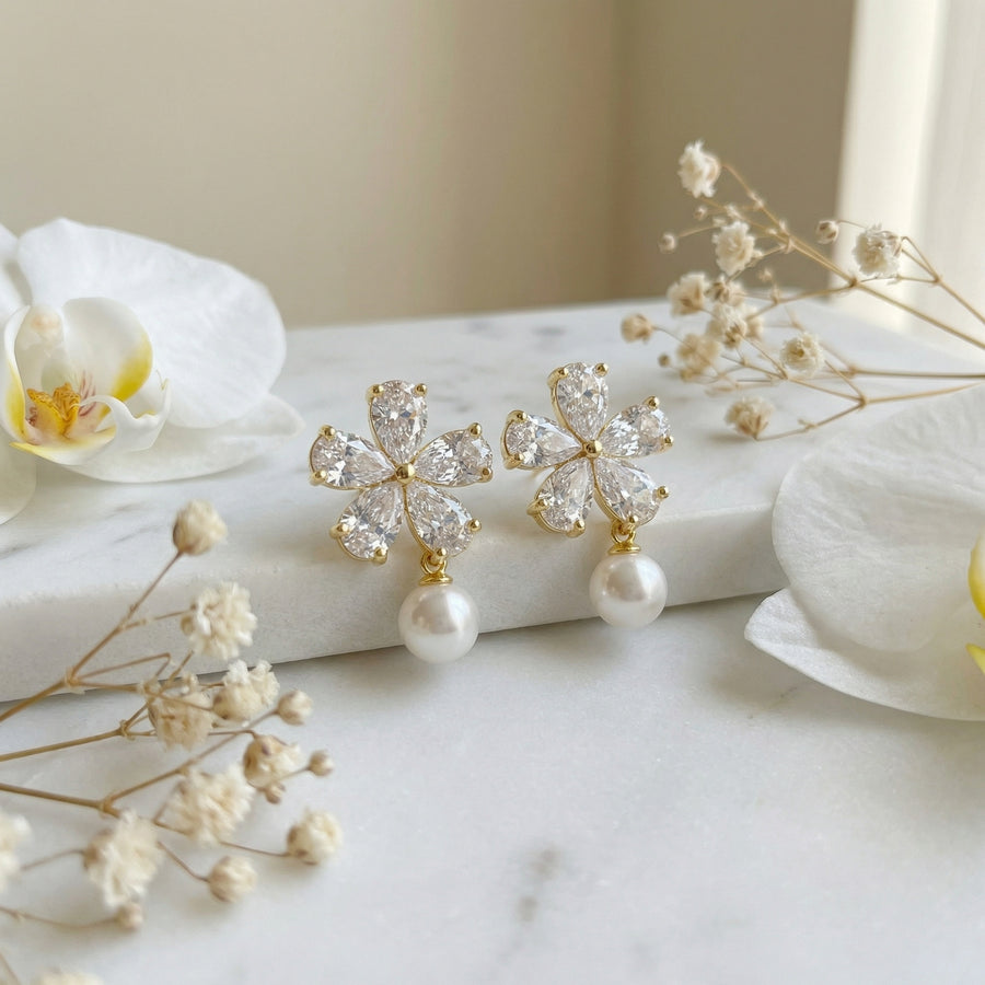 Crystal Flower and Pearl Dangle Earrings – pearl earrings, close-up