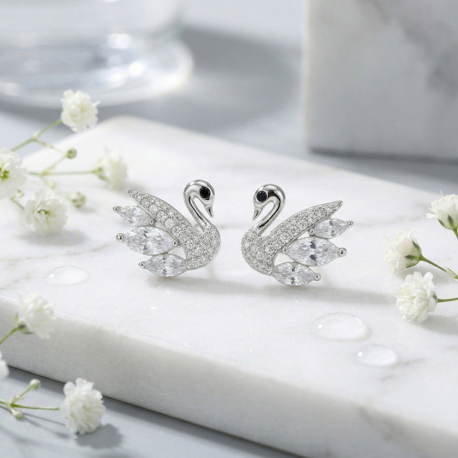 Silver Swan Marquise Stud Earrings – sterling silver earrings, front view