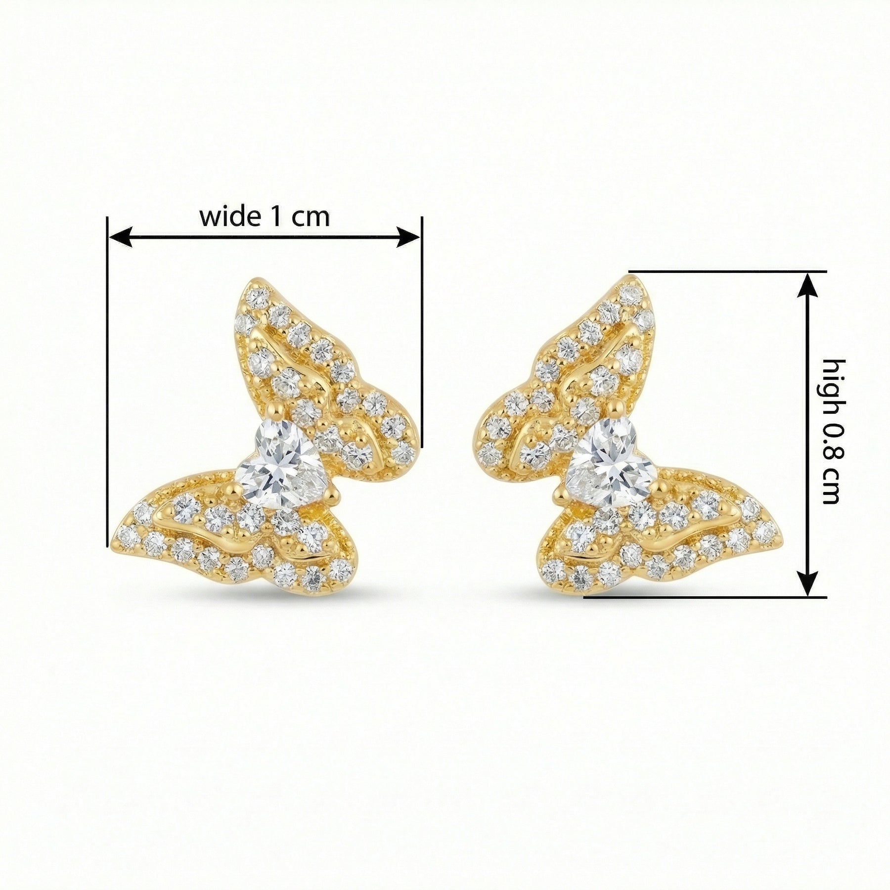 Butterfly Wing Studs with Heart Stones – sterling silver earrings, side detail