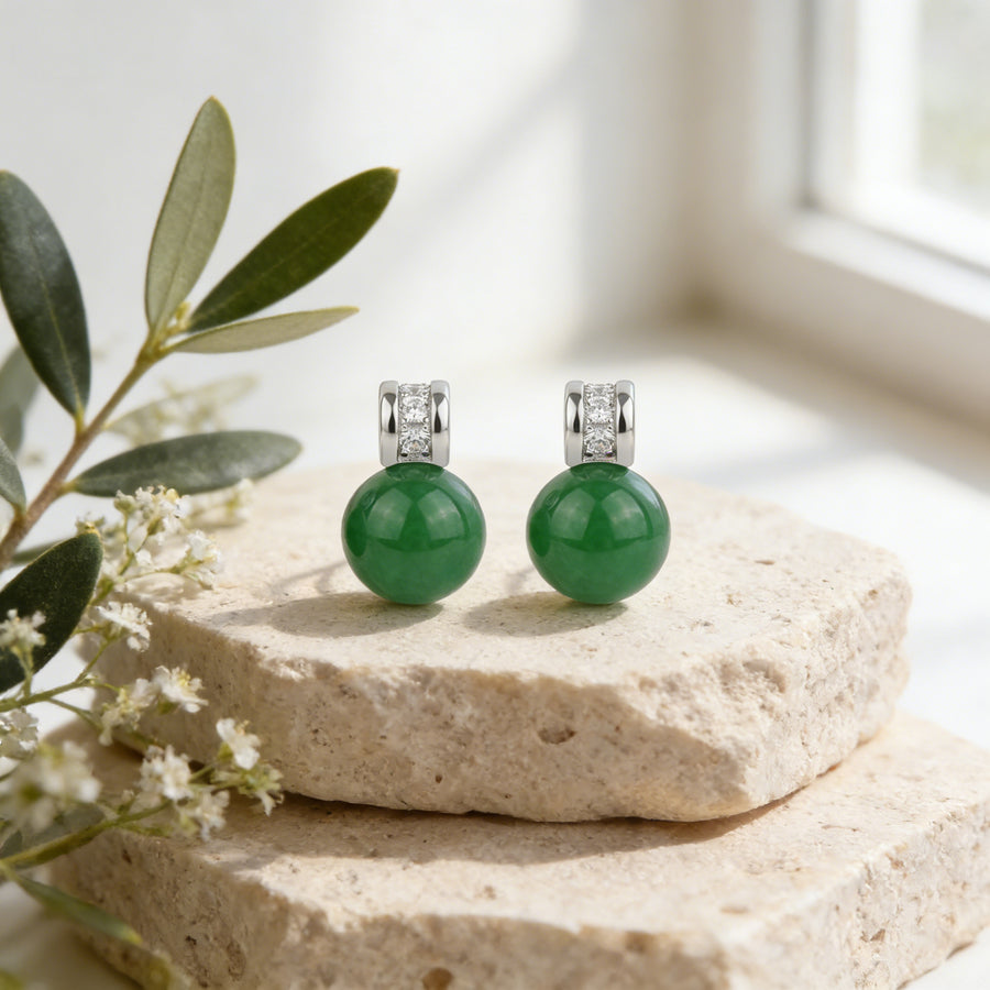 Green Sphere CZ Accent Earrings – zircon earrings, close-up