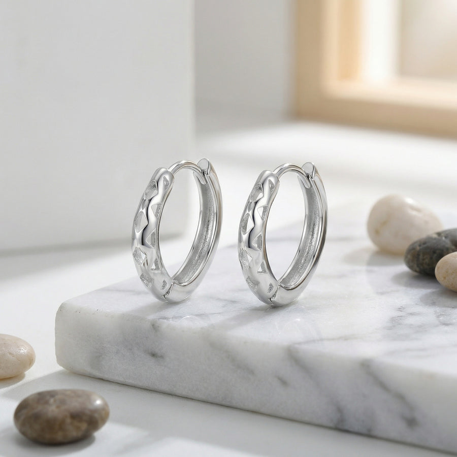 Geometric Cutout Silver Hoop Earrings – sterling silver earrings, close-up