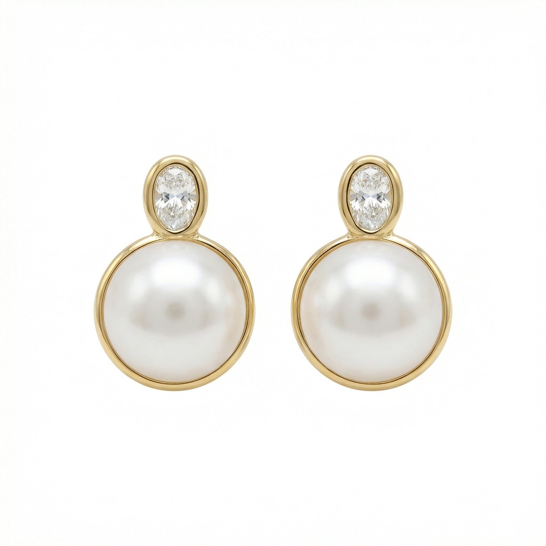 Pearl and Oval Bezel-Set Stud Earrings – pearl earrings, close-up