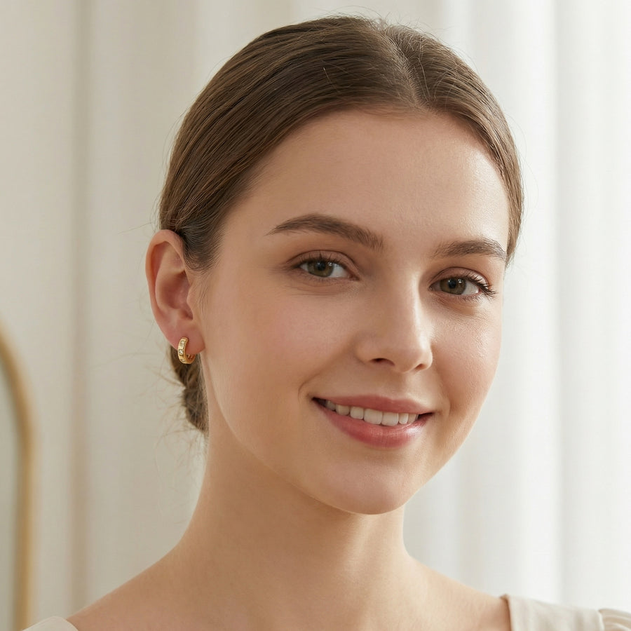 Milgrain Detail Huggie Hoop Earrings – sterling silver earrings, front view