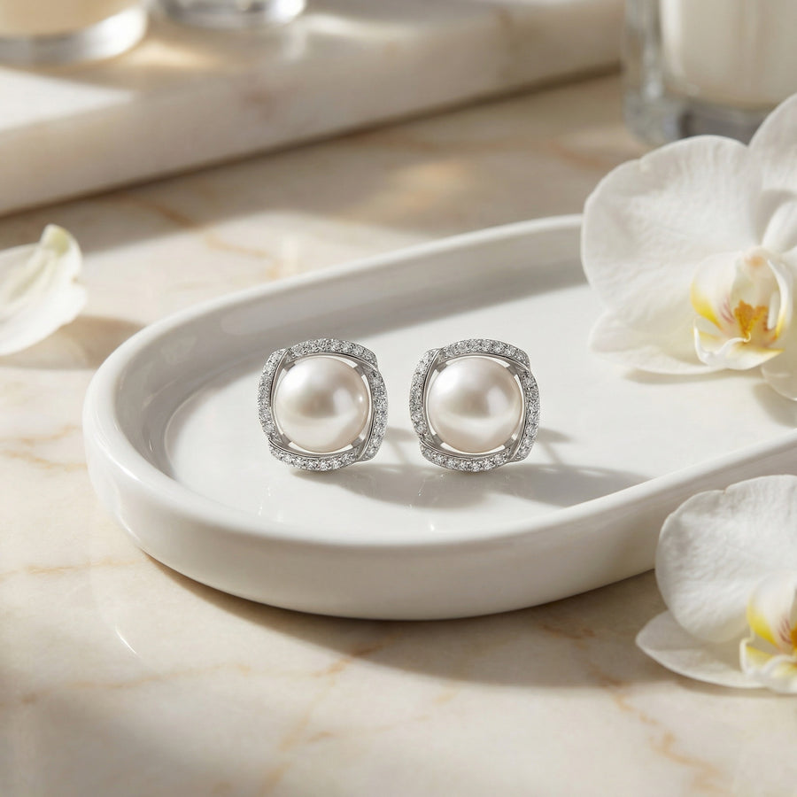Pearl Studs with Pavé Accent Halo – pearl earrings
