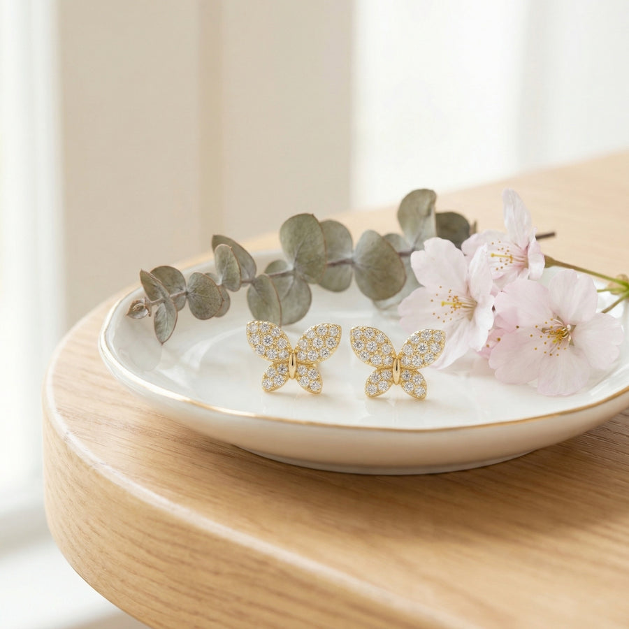 Butterfly Studs, Shimmering Pavé – sterling silver earrings, close-up