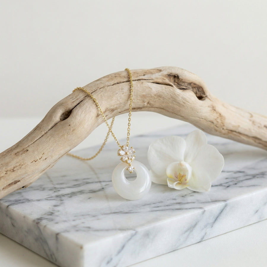 White Gemstone Circle Flower Necklace – sterling silver necklace, close-up