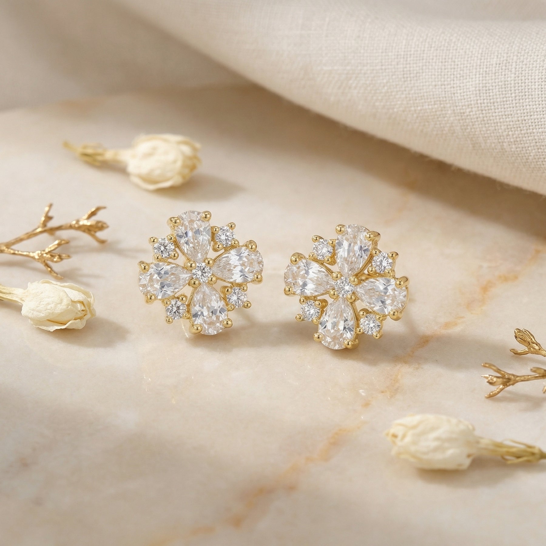 Vintage Floral Motif Stud Earrings – sterling silver earrings, front view