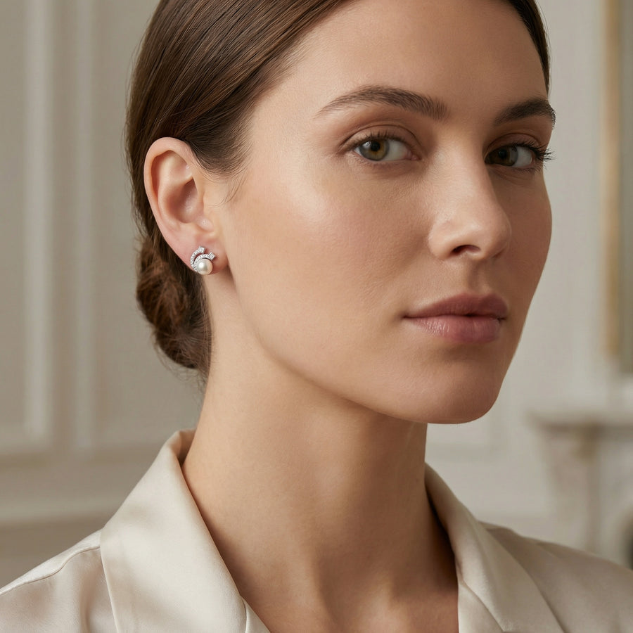 Pearl and Princess-Cut Wave Studs – pearl earrings, close-up
