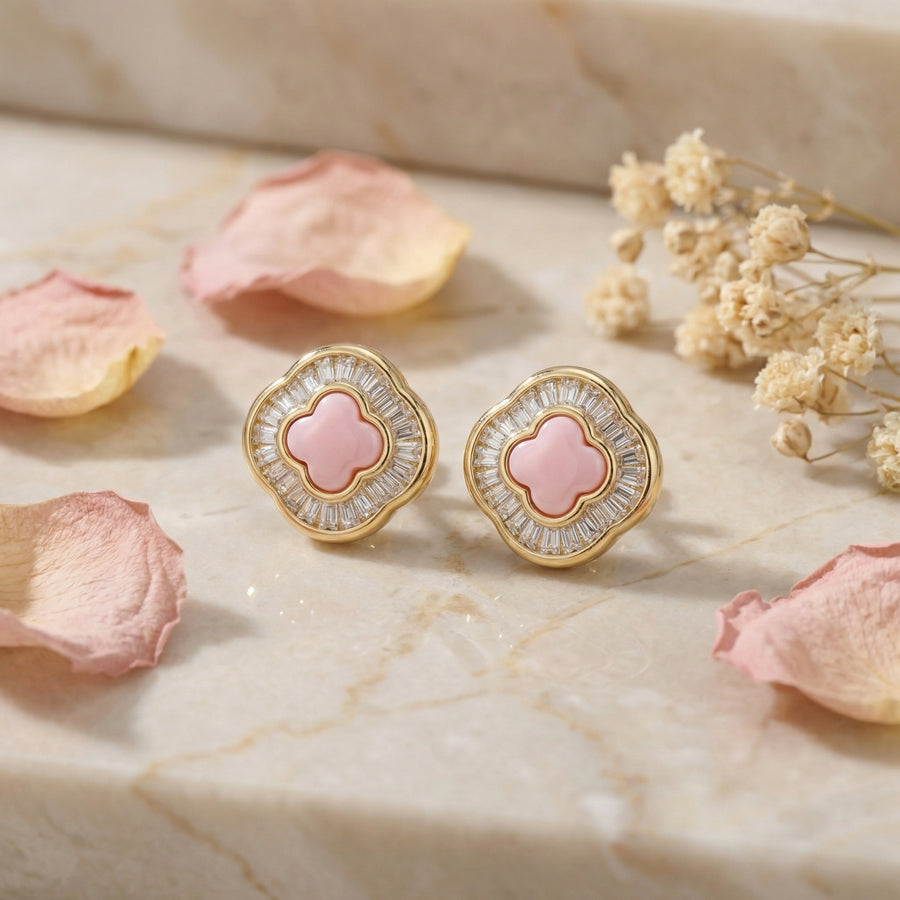 Pink Clover Baguette Stud Earrings – sterling silver earrings, front view