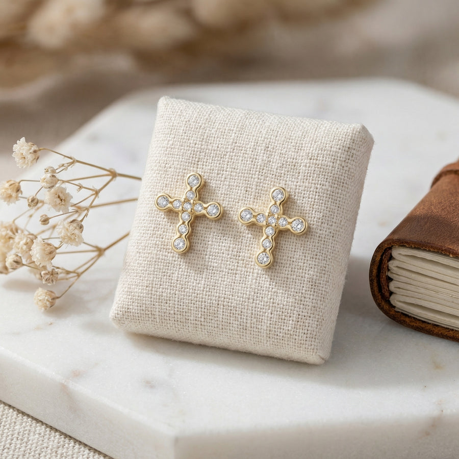 Faith Cross Studs, Bezel-Set Accents – sterling silver earrings, close-up