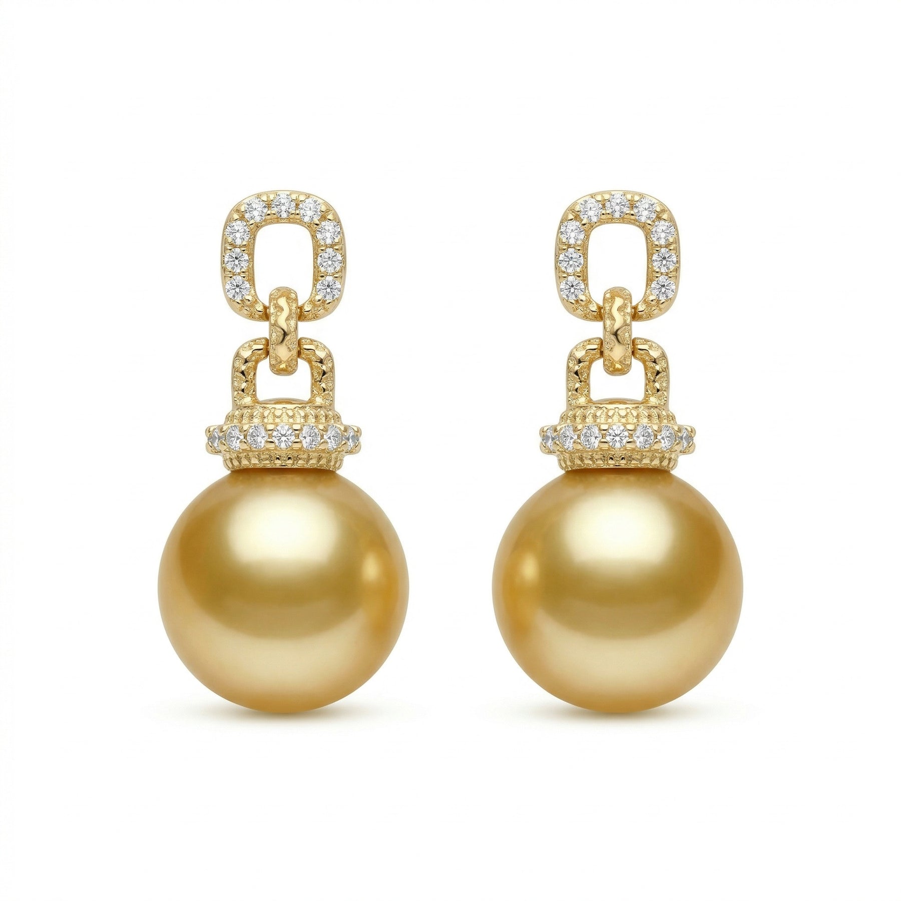 South Sea Pearl Drops, Textured Links – pearl earrings, front view