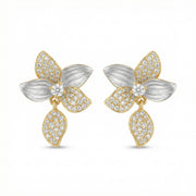 Two-Tone Floral Studs with Leaves – sterling silver earrings, close-up
