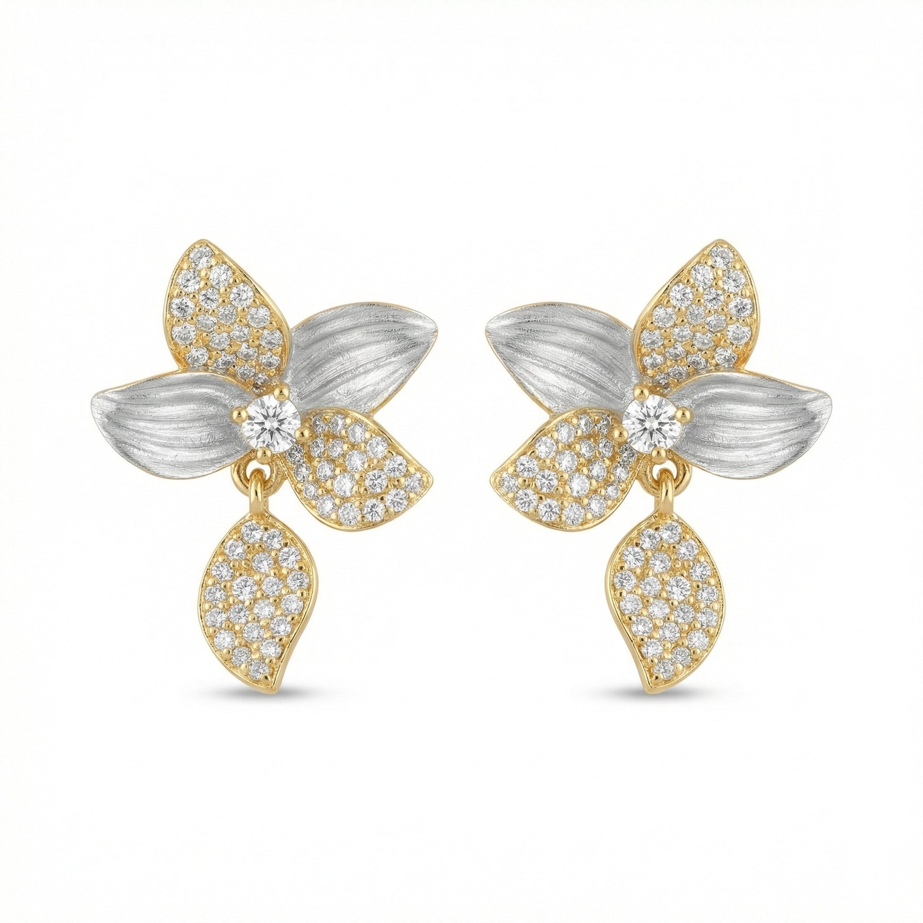 Two-Tone Floral Studs with Leaves – sterling silver earrings, close-up
