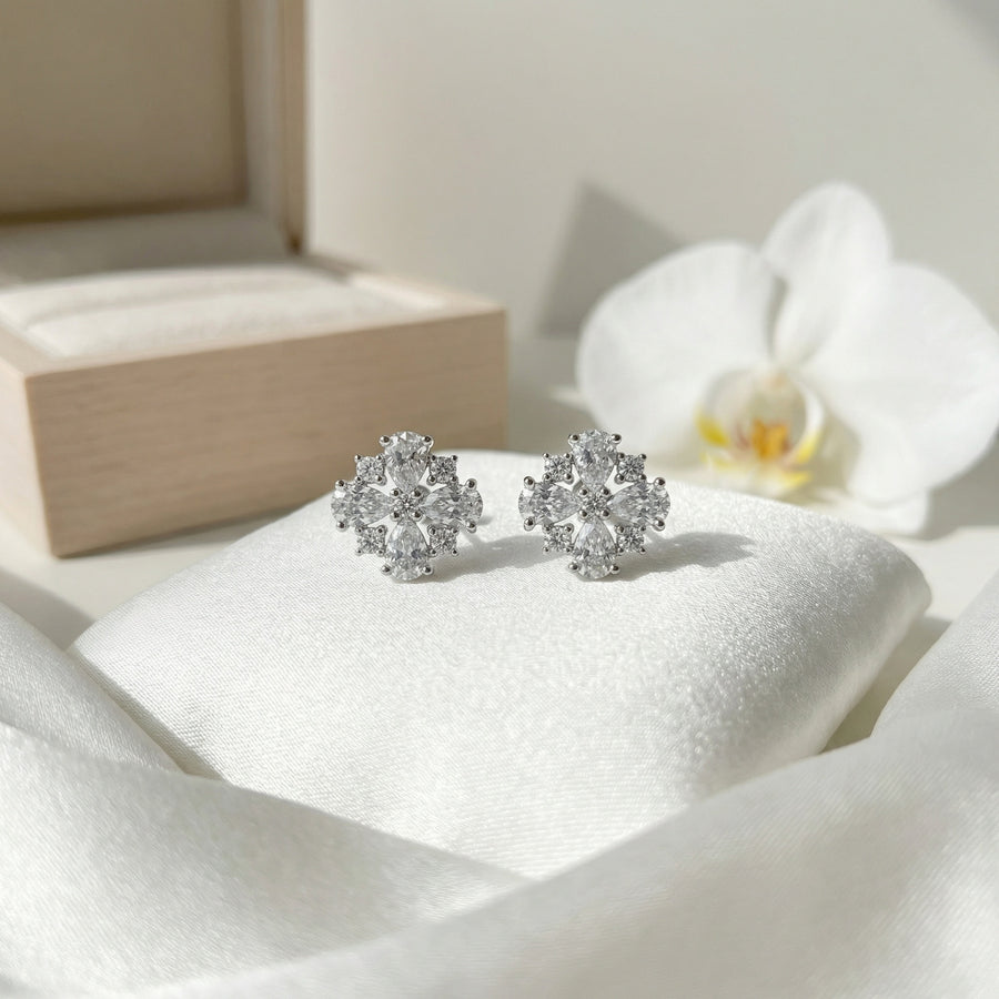 Pear and Round Floral Cluster Studs – sterling silver earrings, front view