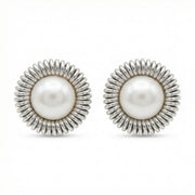 Pearl Studs with Coiled Halo – pearl earrings, side detail