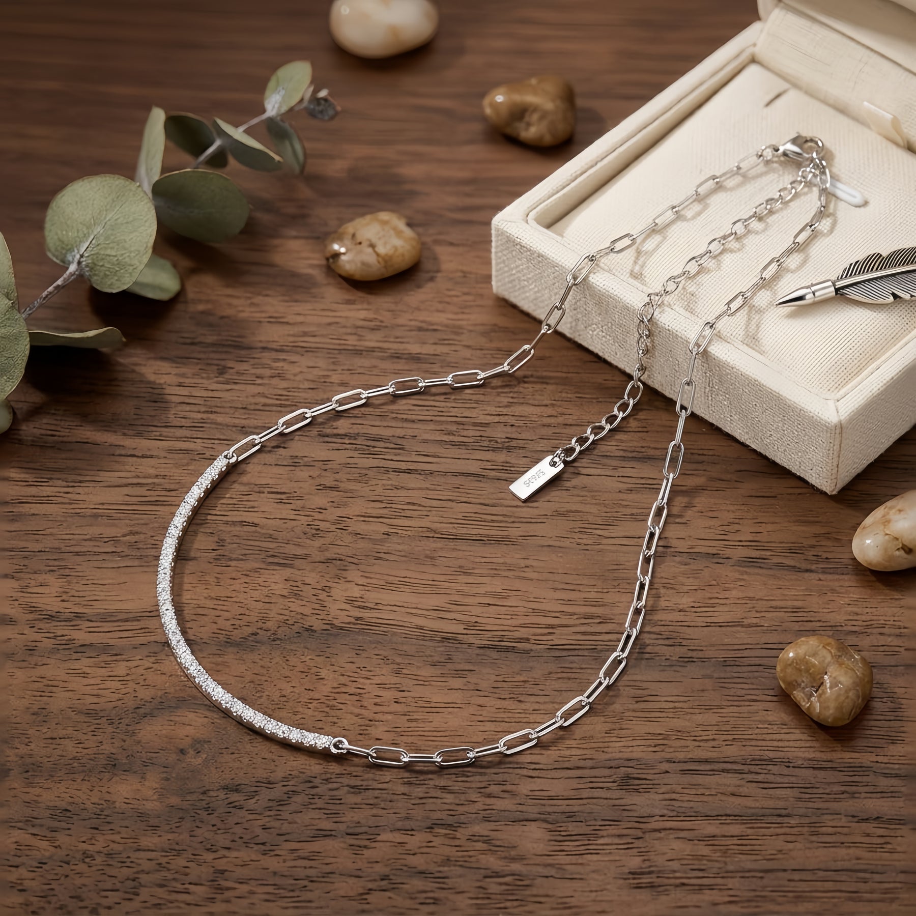 Minimalist Chain Necklace with Charm – sterling silver necklace, front view