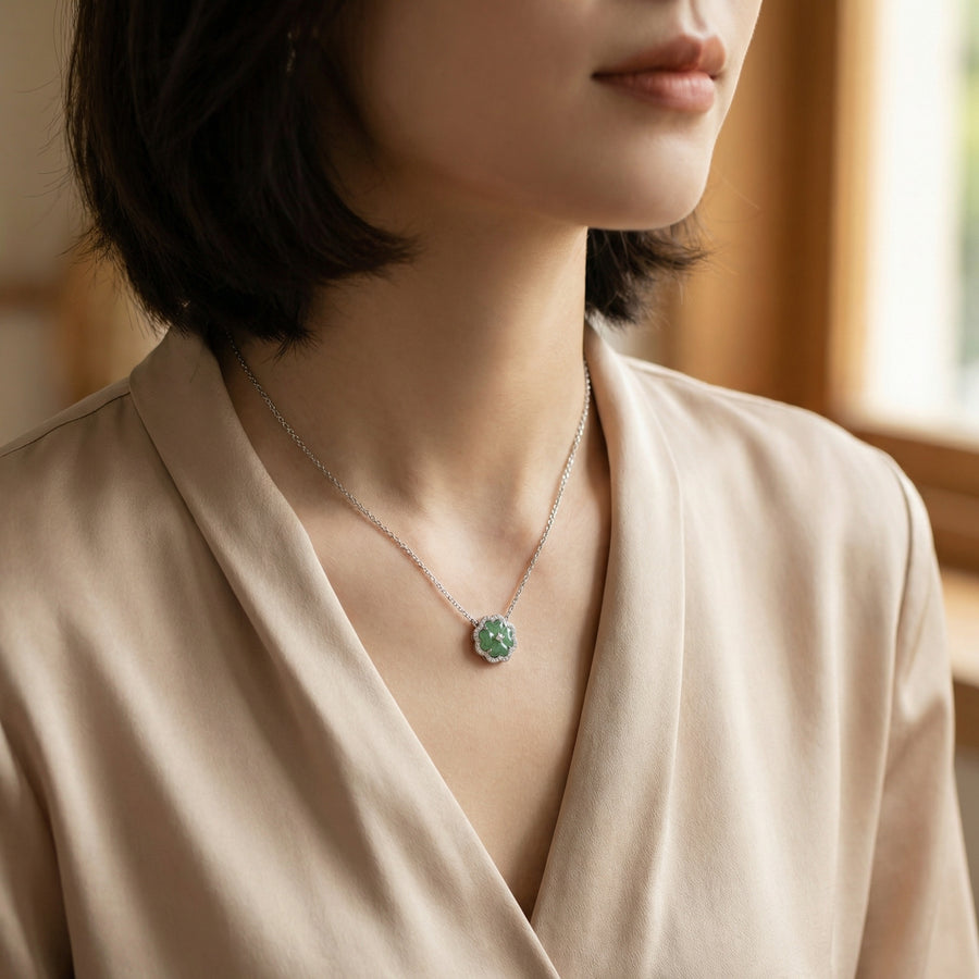 Green Jade Clover Pendant Necklace – jade necklace, close-up