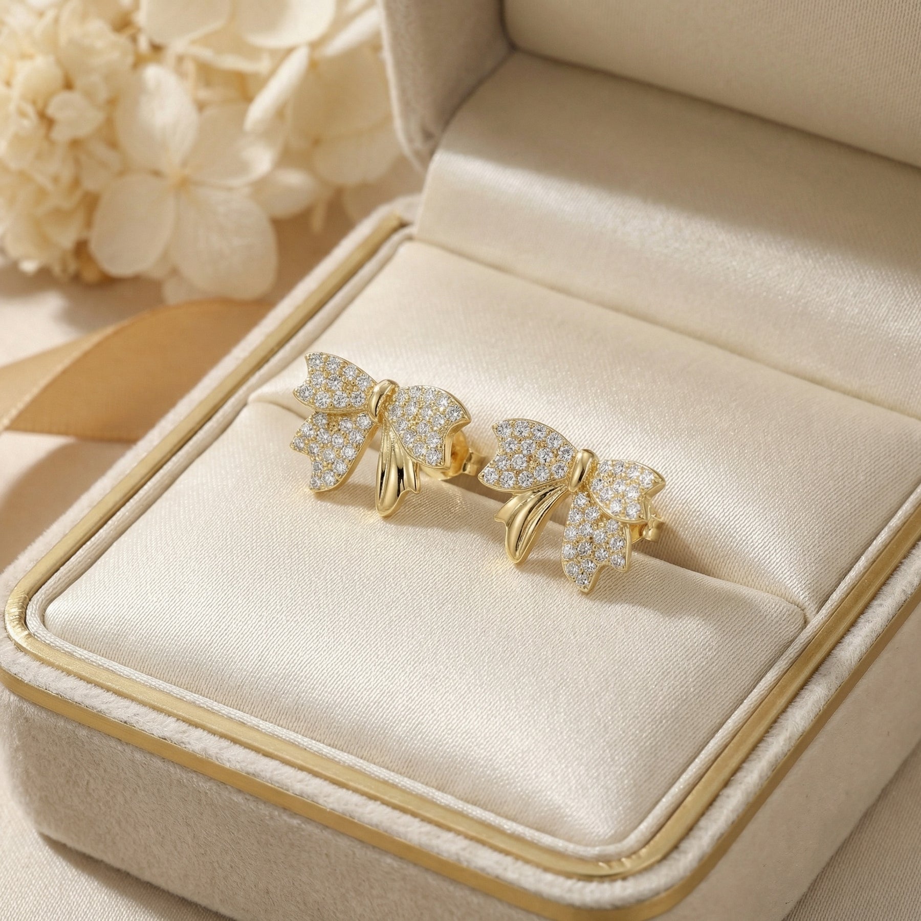 Ribbon Bow Pavé Stud Earrings – sterling silver earrings, close-up