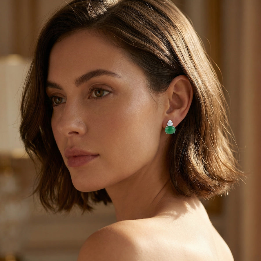 Jadeite Cabochon Pear-Cut Stud Earrings – jade earrings, side detail