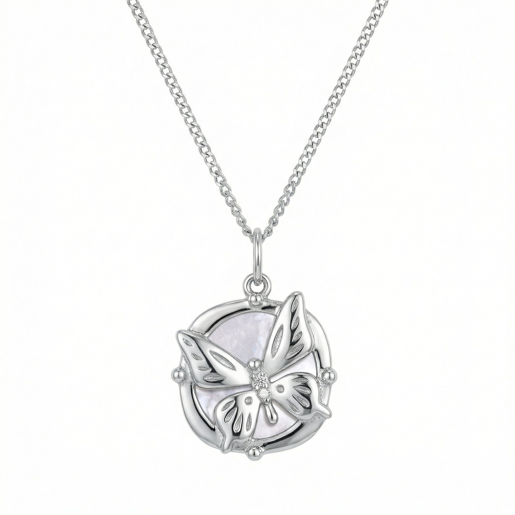 Butterfly Pendant in Circular Frame – sterling silver necklace, side detail