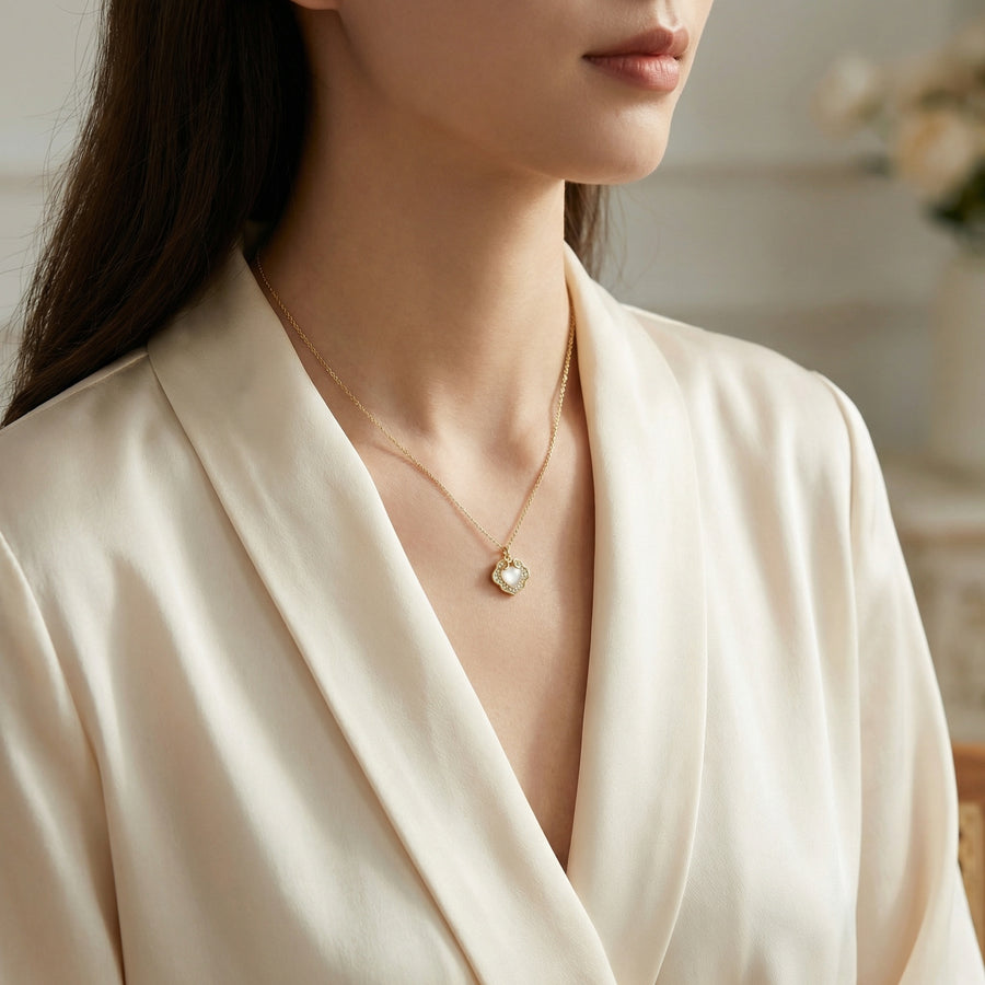 White Heart Gemstone Necklace – sterling silver necklace, close-up