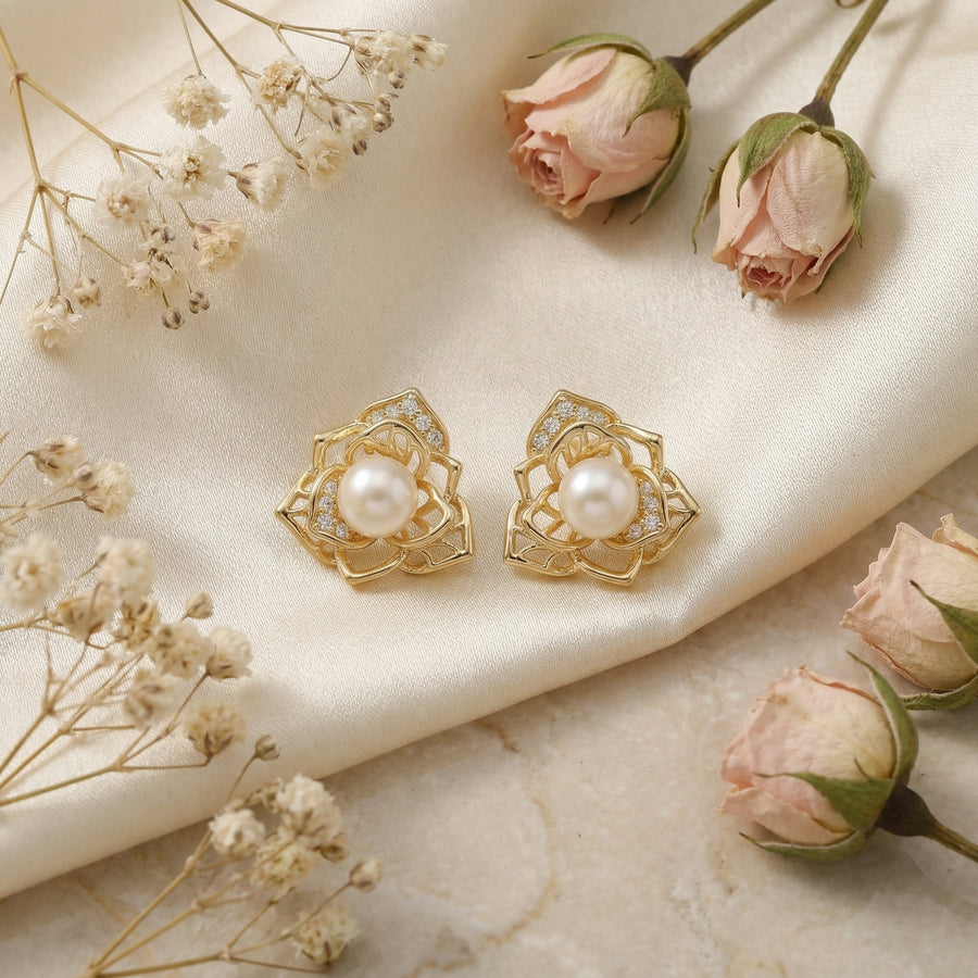 Floral Pearl Openwork Stud Earrings – pearl earrings, close-up