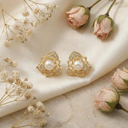 Floral Pearl Openwork Stud Earrings – pearl earrings, close-up
