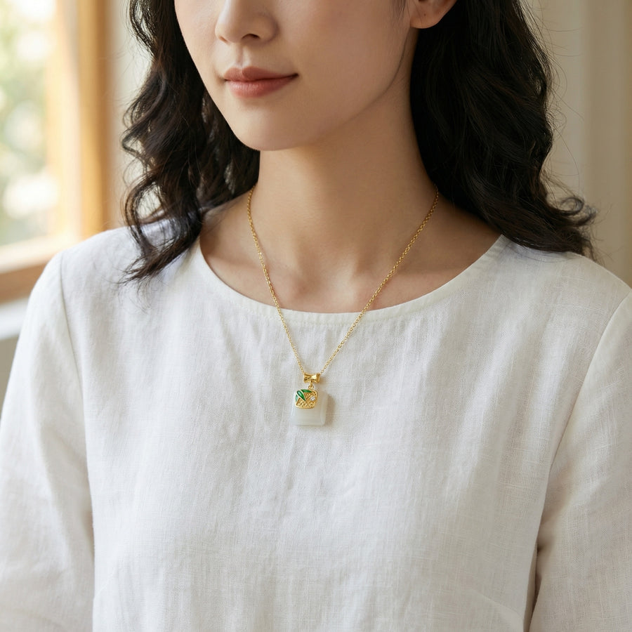 Square Jade Bamboo Leaf Necklace – jade necklace, front view