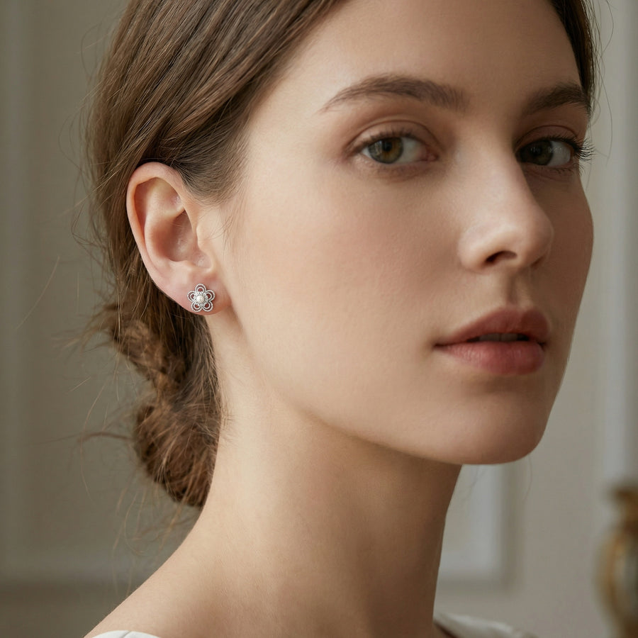 Open-Work Flower Pearl Stud Earrings – pearl earrings, side detail