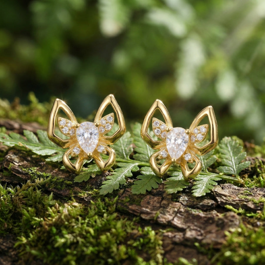 Butterfly Studs with Pear-Cut Centers – sterling silver earrings, front view