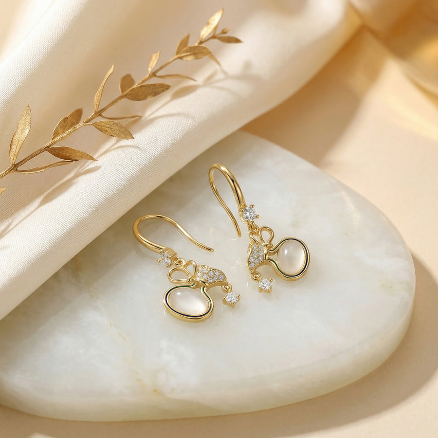 Moonstone Gourd Drop Earrings – sterling silver earrings, side detail